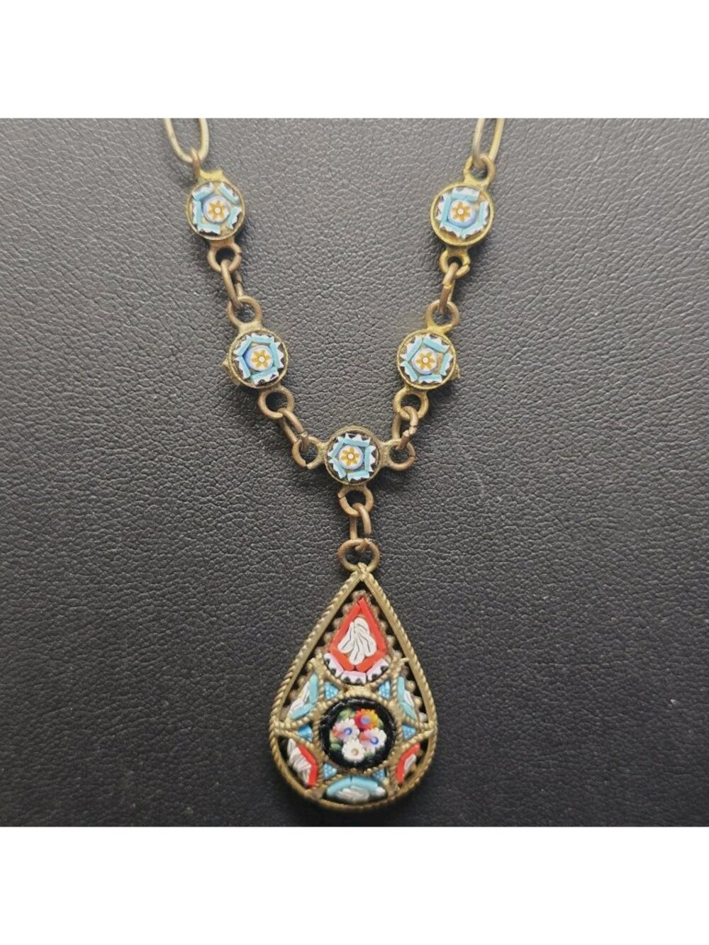 Signed Italy Glass Micro Mosaic Teardrop Drop Pendant Necklace Multicolor 1920s